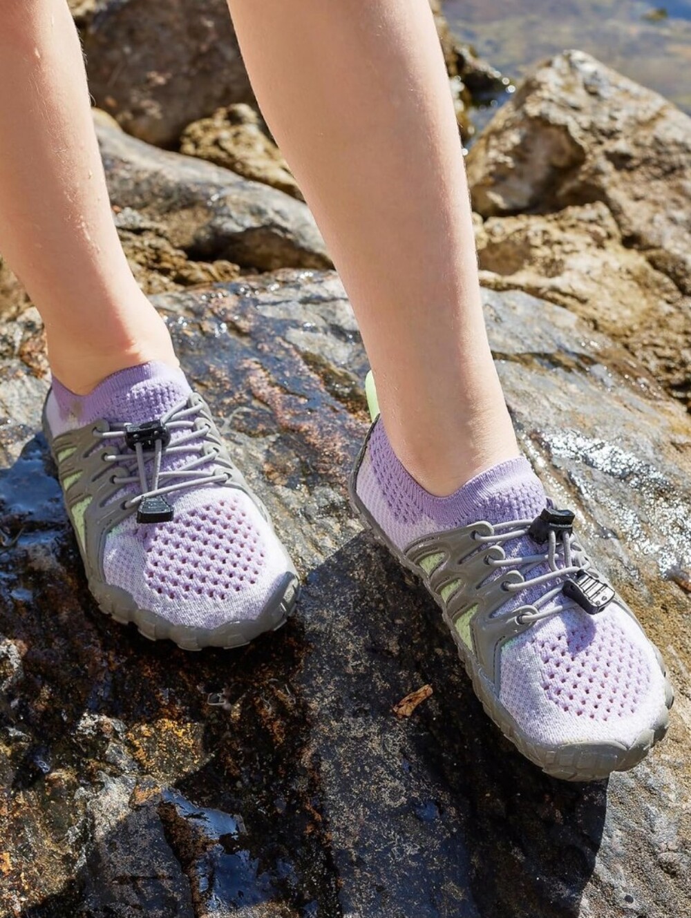 Stelle Big Kid's Lightweight Knit Slip-On Water Shoes. Lavender and Gray. SIZE 5